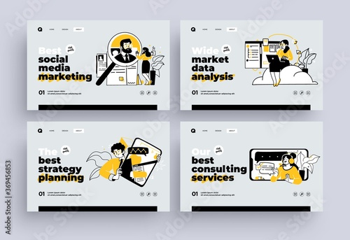 Set of Presentation slide templates or landing page websites design. Business concept illustrations. Modern flat outline style.