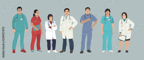 Asian Medics. Chinese Medical Characters. Doctors and nurses round portraits, team of doctors concept, medical office or laboratory. Modern flat vector concept digital people vector illustration
