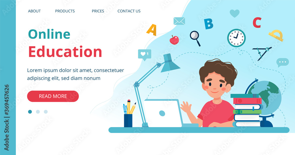 Online learning template with boy studying with computer. Vector illustration in flat style Online learning template with boy studying with computer. Vector illustration in flat style
