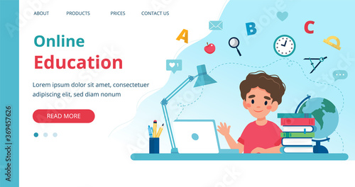 Online learning template with boy studying with computer. Vector illustration in flat style