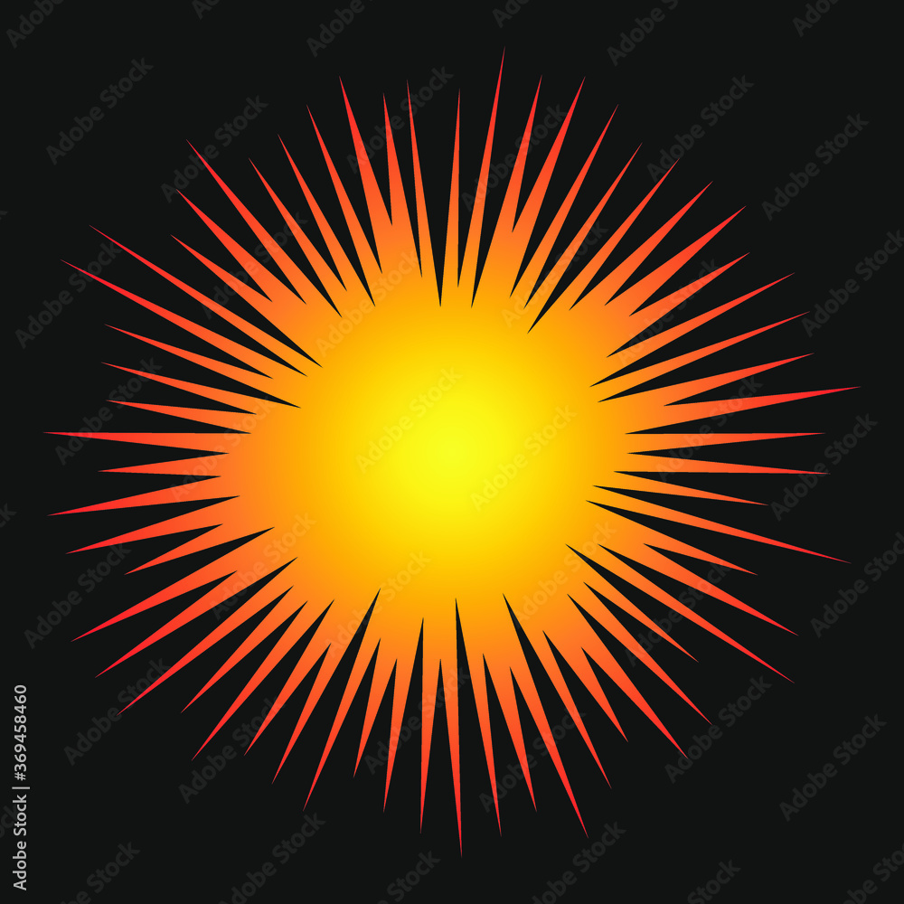 Explosion vector graphic. Detonation icon. Cartoon style firework flash logo. Spark sunburst symbol. Explosive bomb flare sign. Isolated on black background.