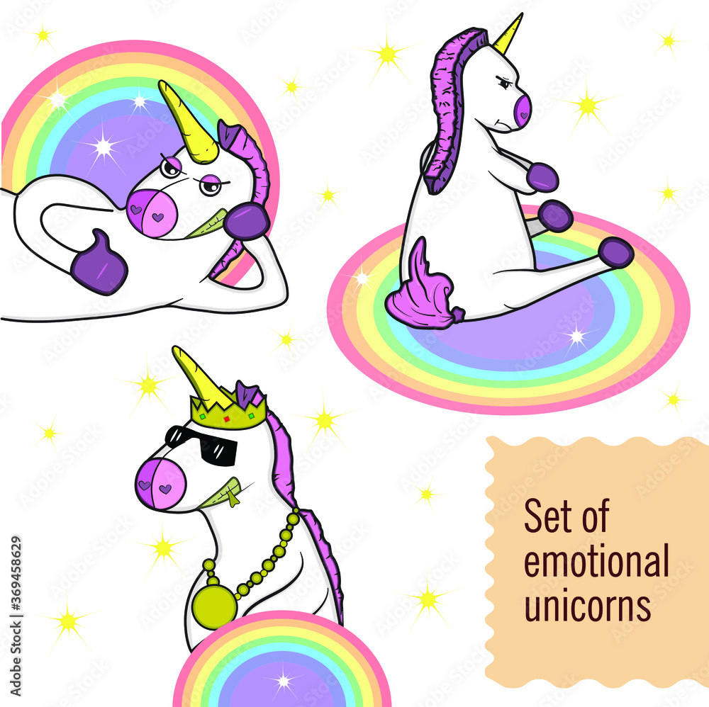 Naklejka premium Set of emotional unicorns with rainbows