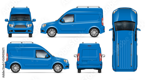 Delivery blue van vector mockup for vehicle branding, advertising, corporate identity. Isolated template of realistic minivan on white background. All elements in the groups on separate layers