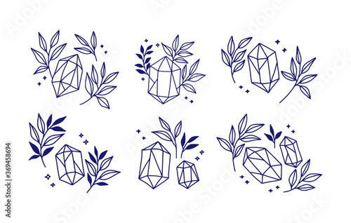 Hand drawn crystal and organic botanical foliage logo element collection