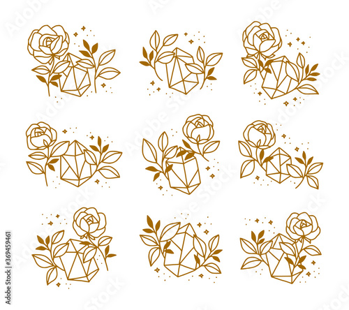 Hand drawn gold crystal and rose flower logo element collection
