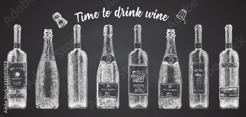 Set hand drawn sketch glasses bottle red wine, champagne on chalckboard background. Vintage vector design for bar, restaurant, cafe menu Engraving art for flyer, banner, poster Time to alcohol drinks