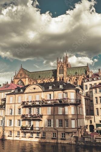 Metz, view on the riverside with beautiful old buildings