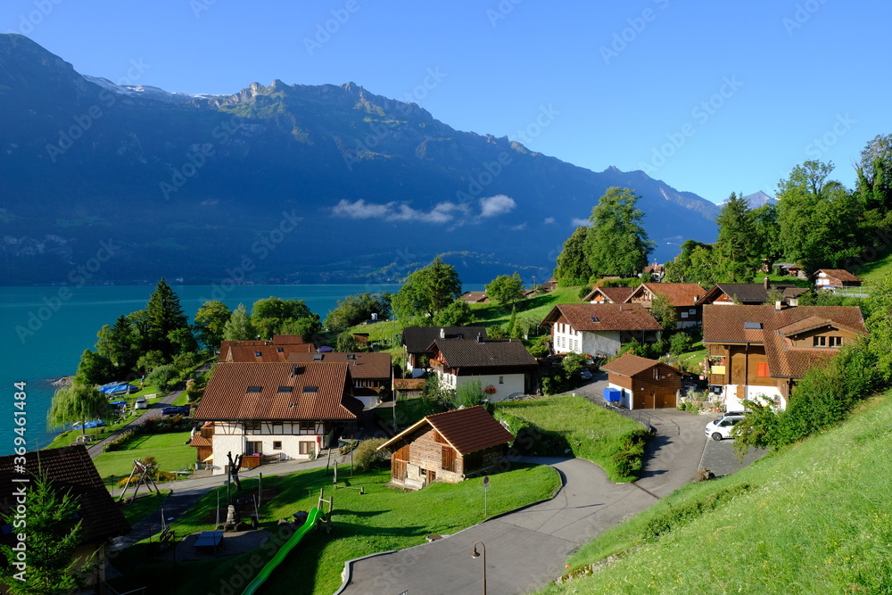 Fototapeta premium Oberreid village and Brienzersee lake, Berner Oberland, Switzerland