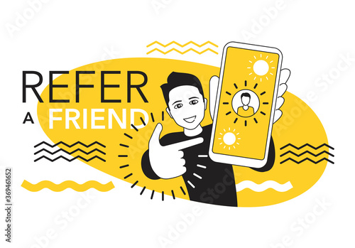 Refer a friend promo - referral program creative yellow banner template - happy man holding phone and shows to his friends (people icons, avatars) - vector illustration with purple background