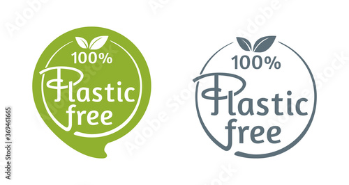 100 percents Plastic Free stamp in 2 variations for marking of unavailability of harmful polymers 