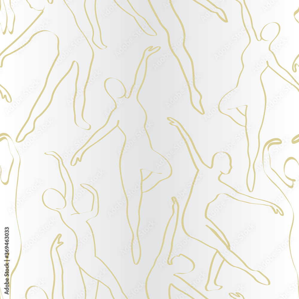 Vector Ballet Dancers in Gold Outlines on Gray White Ombre Seamless Repeat Pattern. Background for textiles, cards, manufacturing, wallpapers, print, gift wrap and scrapbooking.
