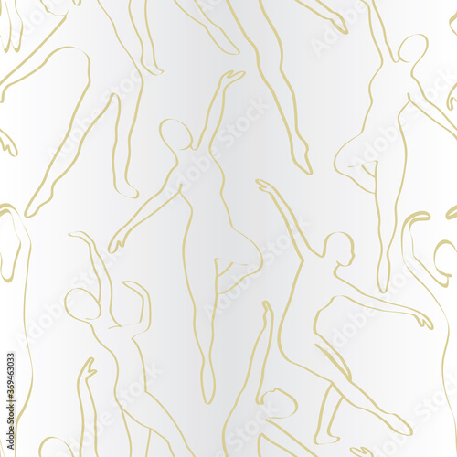 Vector Ballet Dancers in Gold Outlines on Gray White Ombre Seamless Repeat Pattern. Background for textiles  cards  manufacturing  wallpapers  print  gift wrap and scrapbooking.