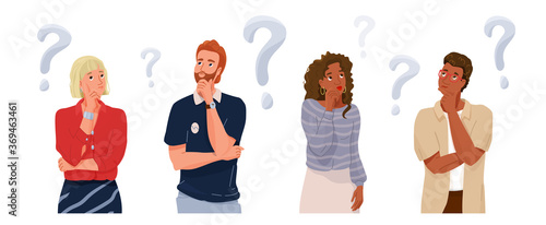 Think people portrait collection with question sign. Different nationality thoughtful men and women thinking about solve problems. Vector illustration of brainstorm banner background photo
