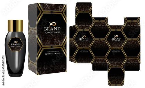 Packaging design, Label on perfume or cosmetic container with black and gold luxury box template and mockup box, illustration vector.