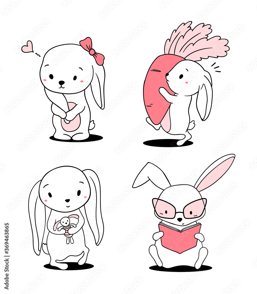Vector set of illustration of lovely cartoon white rabbit in different poses. Happy little cute hare.