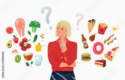 Choice between healthy and unhealthy food concept vector background. Happy young blond woman thinking about choosing menu. Difficult choosing. Flat illustration in cartoon style