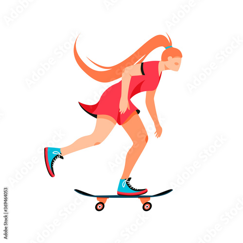 Isolated on white woman on a skateboard vector illustration. Girl riding a board design element. Modern activity, urban vehicle in flat cartoon style.