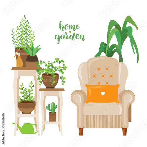 Cozy armchair in little home garden
