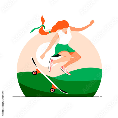 Woman jumping with a skateboard vector illustration. Girl riding a board design element. Modern activity, urban vehicle in flat cartoon style.