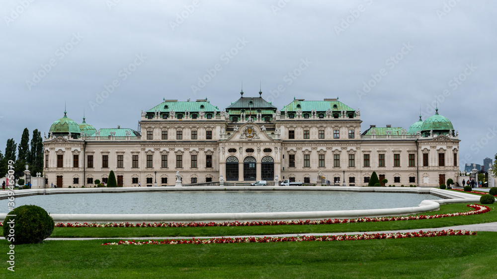 Vienna, Austria - August 04, 2020: Beautiful panoramic view of the upper Belvedere Palace in Vienna from the side of the park during the day, Austria