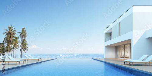 Perspective of modern house with swimming pool on sea background, Exterior. 3d rendering © nuchao