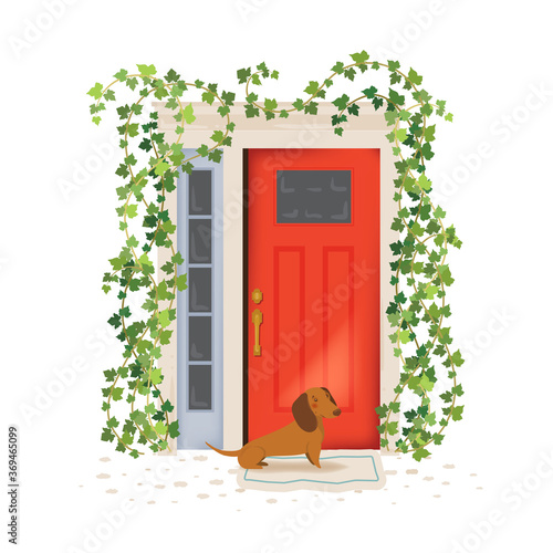 Illustration with funny dachshund waiting in front of the open door