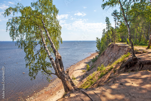 Panorama of the Gulf of Finland and a high 20-meter cliff near the Krasnaya Gorka fort. Settlement Fort Krasnaya Gorka, Lomonosov district, Leningrad region. Russia