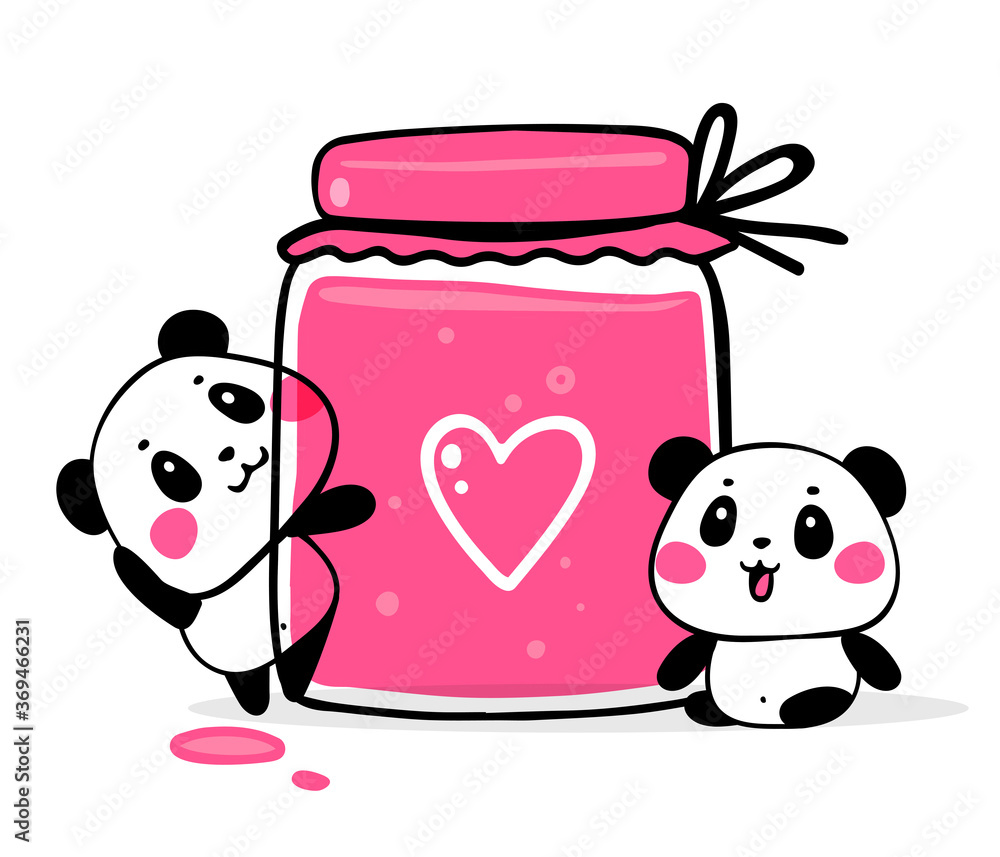 Obraz premium Vector illustration of two lovely cartoon pandas with big pink jam jar