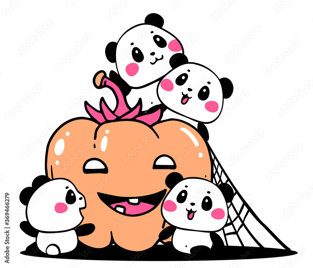 Vector illustration of lovely cartoon many pandas with orange color halloween pumpkin on white background. Happy little cute pandas.