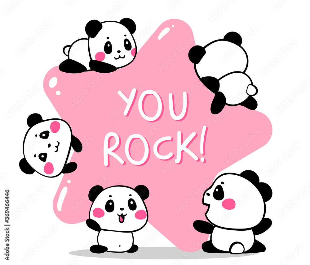 Fototapeta premium Vector illustration of lovely cartoon many panda with a big pink star with text on white background. Happy little cute panda