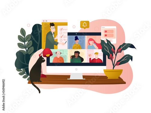 Online meeting when working from home. A group of colleagues taking part in a video conference on a desktop computer. Working remotely.