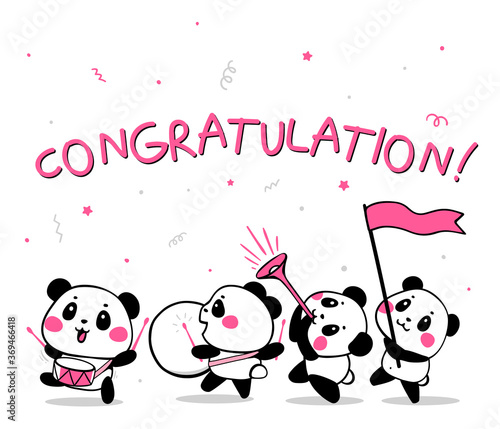 Vector illustration of lovely cartoon panda band go and play musical instrument on white background with word.