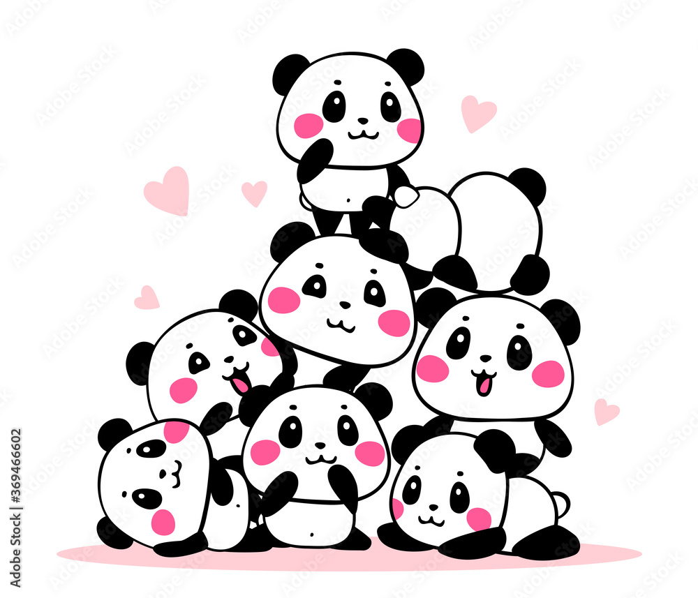 Obraz premium Vector illustration of many lovely cartoon pandas gathered in a heap on white background. Happy cute pandas are on each other in different poses.