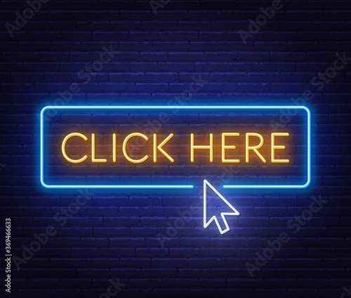 Click here neon sign on brick wall background .