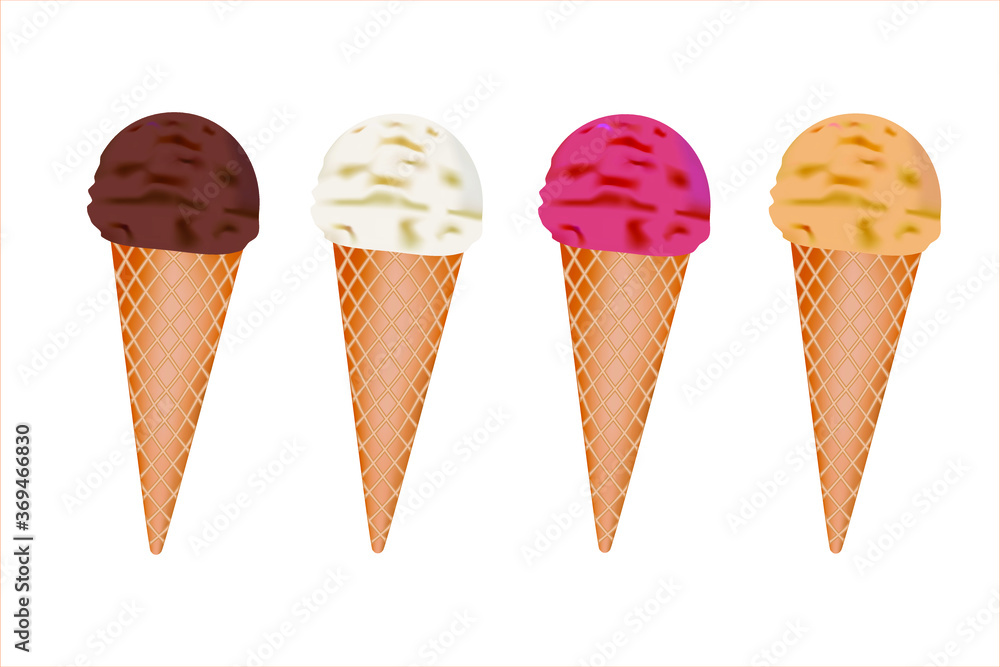 Set of four colorful ice cream Chocolate, vanilla, apricot and strawberry.  Ice cream in the cone on white background. Vector ice cream scoops.