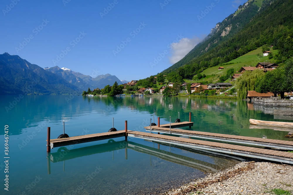 Oberreid jetty and Brienzersee Lake, Berner Oberland, Switzerland