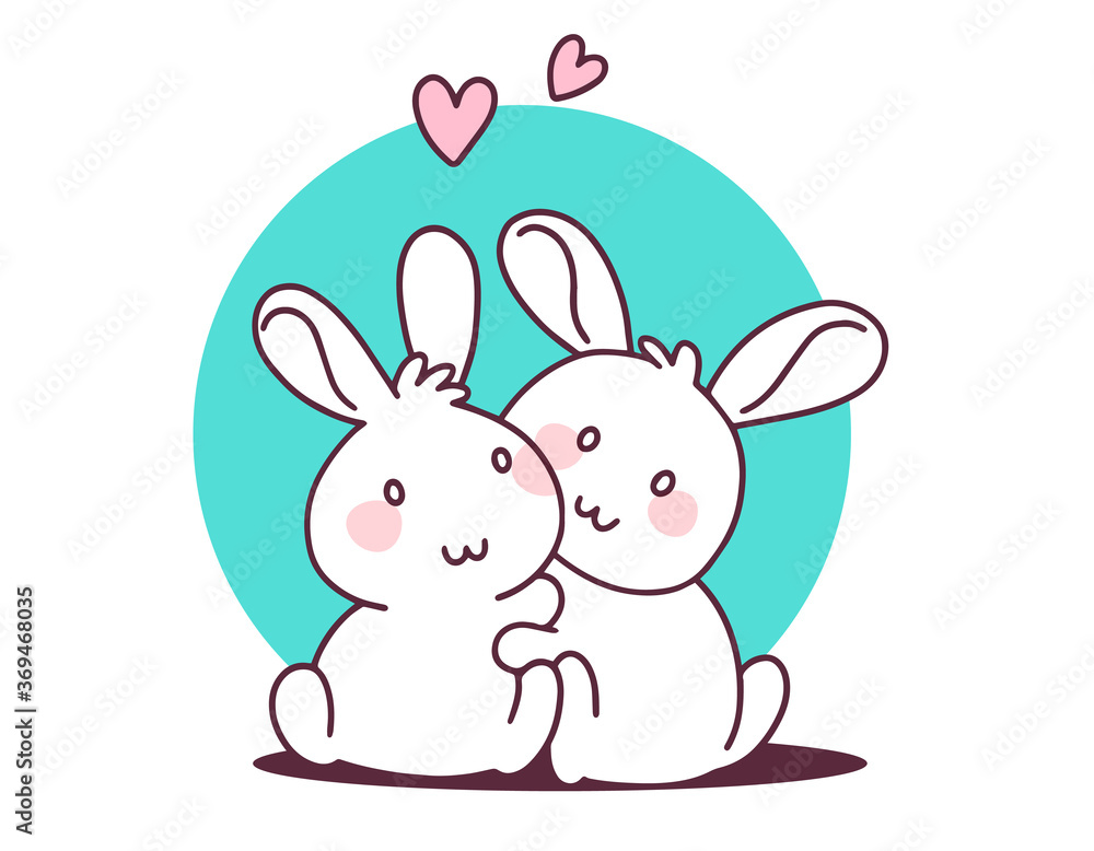 Two happy little cute bunny hug on white background. Vector illustration of lovely cartoon two white rabbit with heart. Two happy little cute bunny hug on white background. Vector illustration of lovely cartoon two white rabbit with heart.