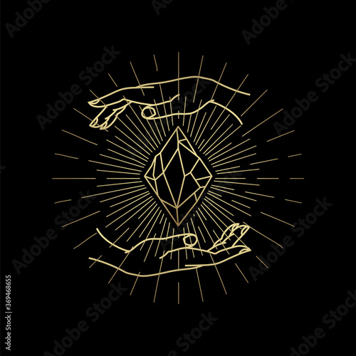 Magic crystal and hand gold logo, spiritual guidance tarot reader Colorful design. illustration.