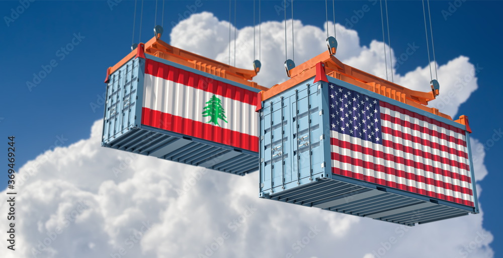 Freight containers with USA and Lebanon flag. 3D Rendering 