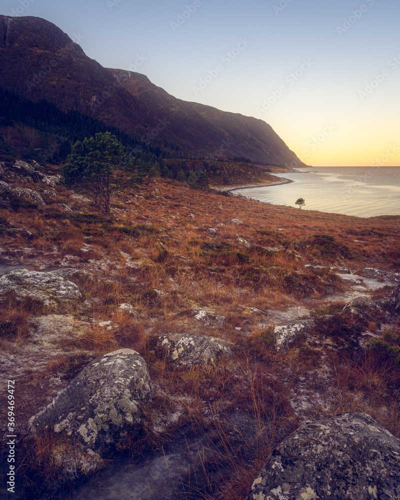 sunset on the coast - coastal view in norway