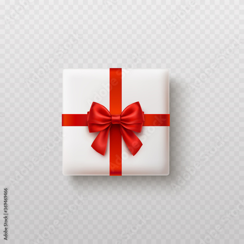 Gift box mock up top view with shadow isolated on transparent background. 3d present wrap package and red bow. Vector Christmas or New Yaer surprise element mockup