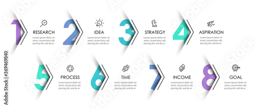 Vector Infographic design template with icons and 8 options or steps. Can be used for process diagram, presentations, workflow layout, banner, flow chart, info graph.