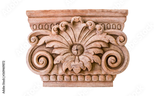 Isolated teak wood carving on white background with clipping path for design elements.