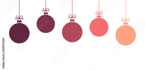 Christmas balls purple and pink ornaments card background.