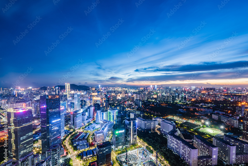 The city skyline at sunset in Nanshan Science and Technology Park, Shenzhen, China
