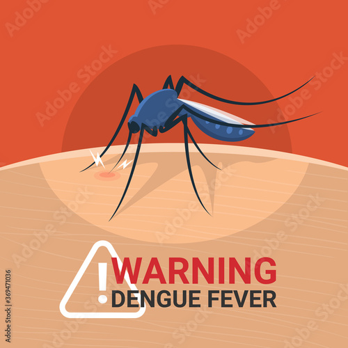 Warning dengue fever banner with closeup mosquitos Drinking blood on skin human vector design