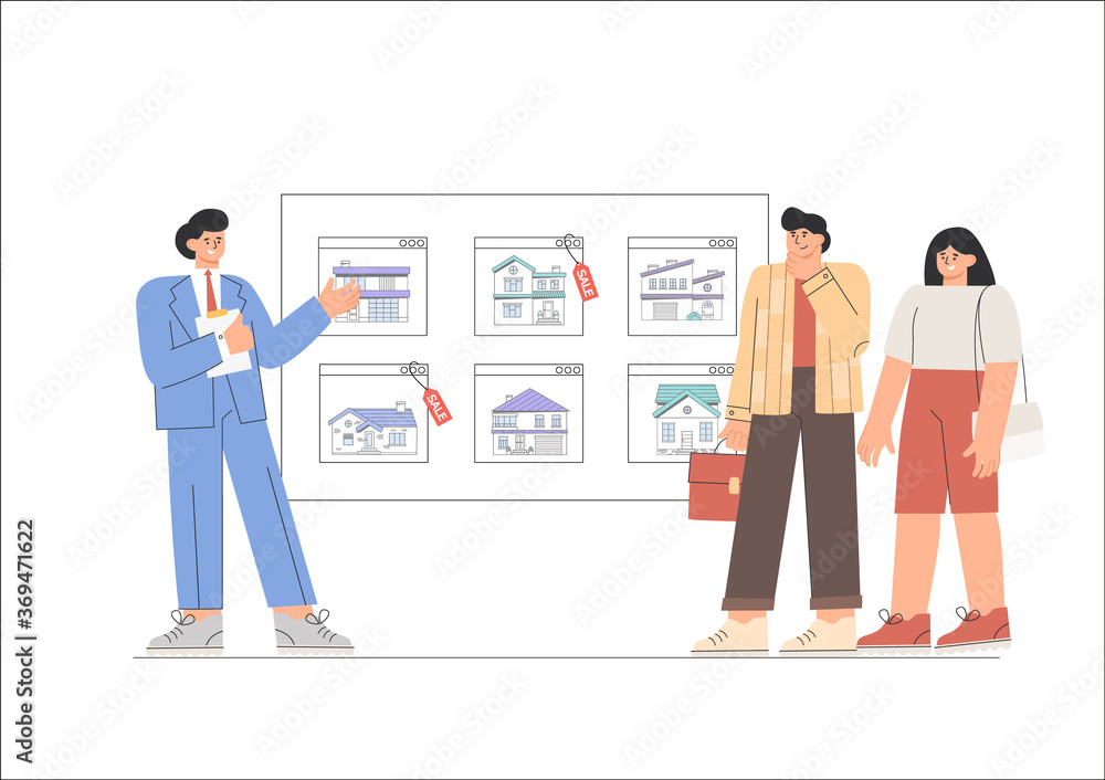 The realtor shows the client a real estate catalog on the screen. Flat style vector illustration. The realtor shows the client a real estate catalog on the screen. Flat style vector illustration.