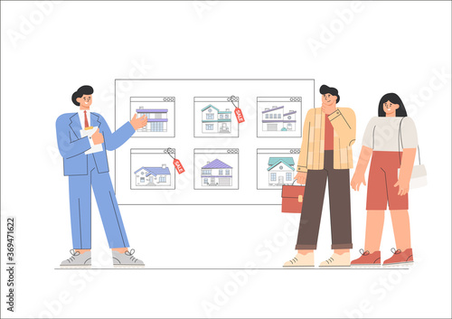 The realtor shows the client a real estate catalog on the screen. Flat style vector illustration.