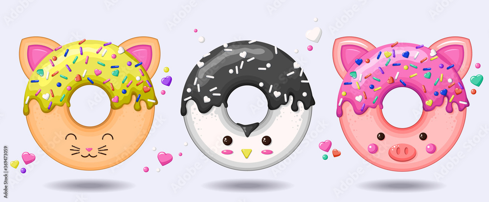 Glazed cute doughnut animals set. Isolated donuts with glaze and bite, eaten chocolate icing fritters or caramel circle doughnuts