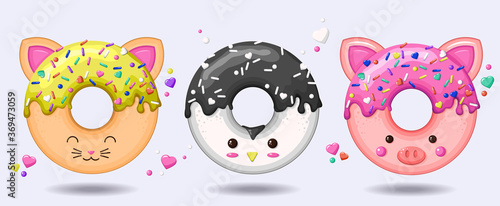 Glazed cute doughnut animals set. Isolated donuts with glaze and bite, eaten chocolate icing fritters or caramel circle doughnuts